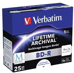 Verbatim BD-R 25GB 4x White Printable M-Disc 5 Pack with Jewel Cases